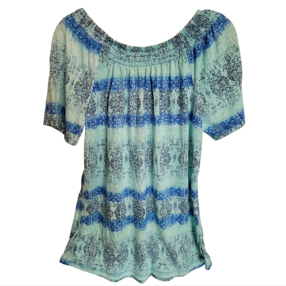 Como Vintage Aqua Blue Paisley Smocked Striped Blouse Size Small - Picture 2 of 7